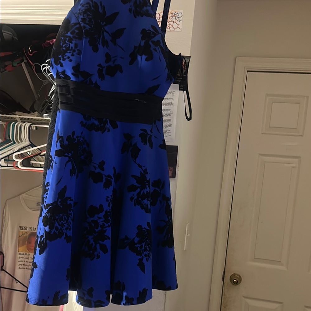 Elegant Blue and Black Floral Dress